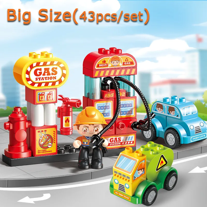 Große klassische City-Serie 43-teilige Bausteine Tankstelle Auto-Szene Montagespielzeug für Kinder Geschenk