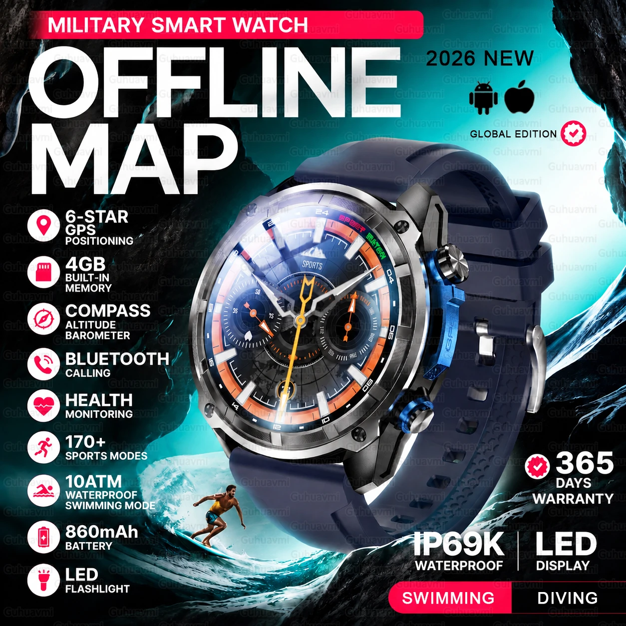 New Outdoor GPS Offline Map Men Smart Watch 1.43-inch AMOLED Corning Gorilla Screen 10ATM Waterproof Bluetooth Call Smartwatch