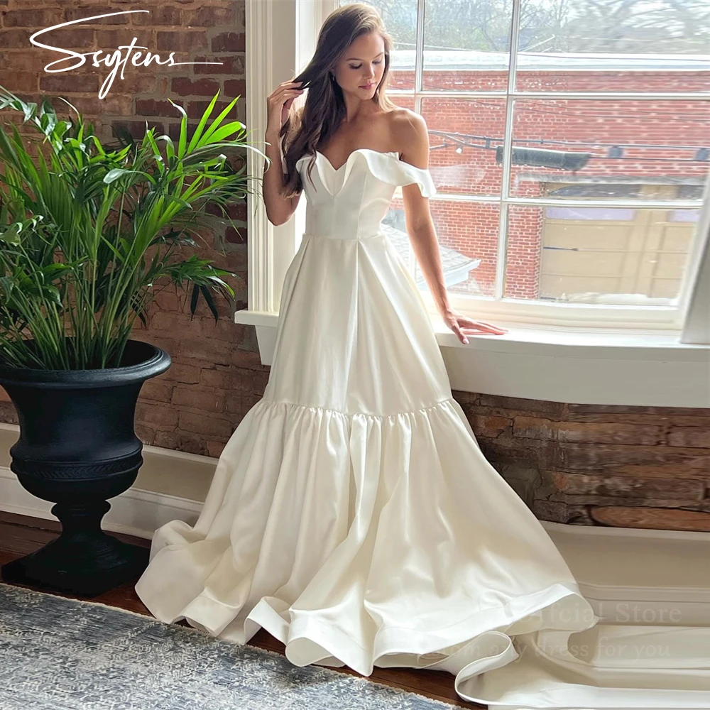 Elegante vestido de novia de corte A, vestidos de novia para mujer, estilo princesa, escote corazón, hombros descubiertos, volantes, vestidos de noche elegantes para boda