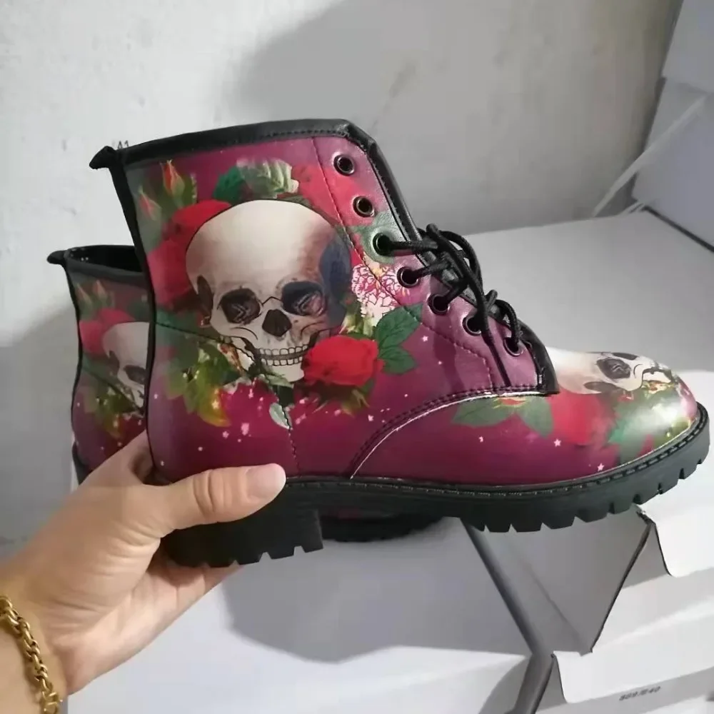 2024 Skull Flower Print High-Top Sneakers Women Boot Autumn Winter Fashion Woman Ankle Boots Plus Size 43