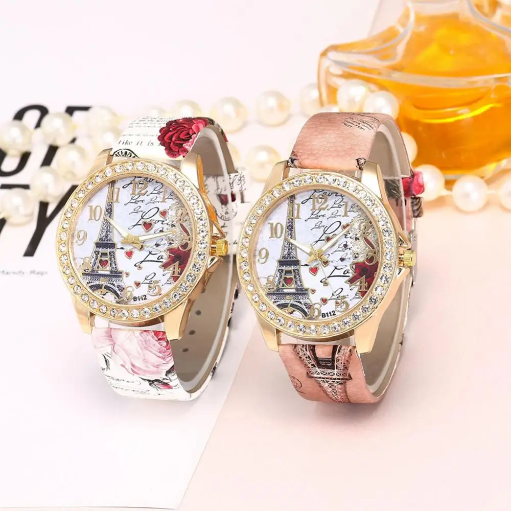 Quartz Watch Analog Rhinestone Women Round Dial Faux Leather Watch Eiffel Tower Strap Quartz Watch