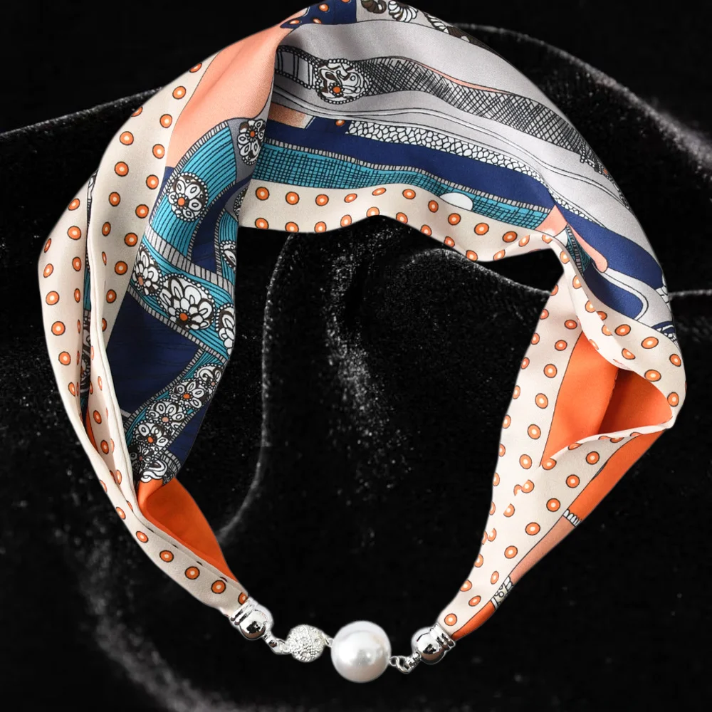 Magnetic buckle satin narrow scarf with pearl pendant lazy silk hair band women fashion style plant pattern pearl necklace scarf