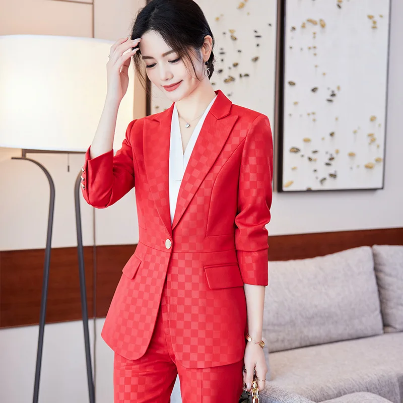 Elegant Red Formal Pantsuits with Pants and Jackets Coat Ladies Professional Business Work Wear Suit Career Interview Blazer Set