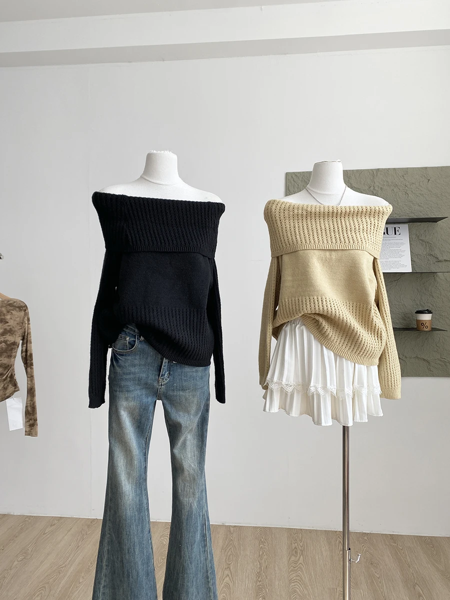 

Новинка осени 2022, корейский нежный свитер с овальными плечами, женский утягивающий универсальный длинный свек, мягкий топ на одно плечо