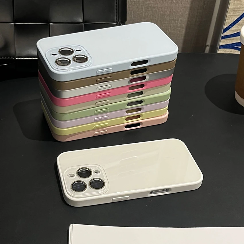 حافظة هاتف زجاجية خلفية لهاتف آيفون 17 16 15 14 13 برو 12 11 ماكس بلون 16Pro 17Pro 15Pro حافظة هاتف صلبة 14Pro 13Promax