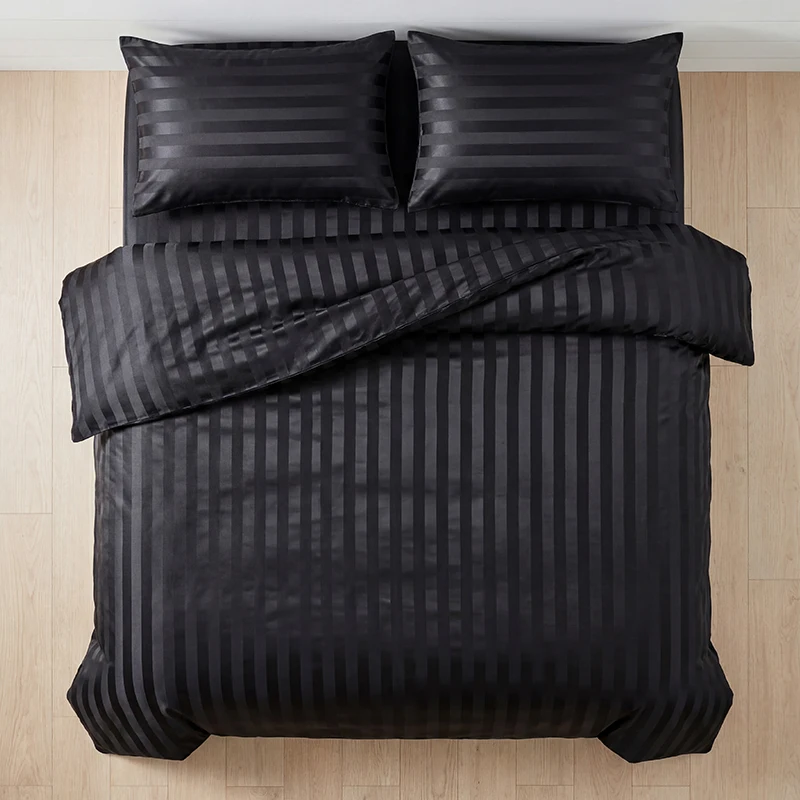 Luxury Black Satin Striped Duvet Cover Set, Silky Jacquard Vertical Stripe Bedding with Duvet Cover and Pillow Cases 2/3Pcs