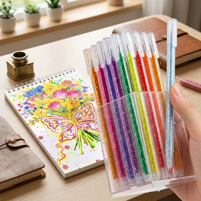 48 Colors Glitter Gel Pen Set Professional Sparkly Drawing Pens for School Office Stationery with Refills Pen Holder Art Supply