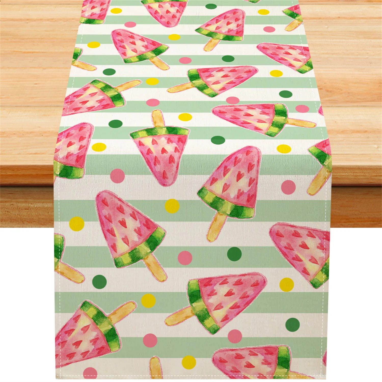1 Piece Green Striped Watermelon Ice Cream Table Runner, Suitable for Farmhouse, Indoor, Kitchen, Celebrations, Table Decoration, Restaurant and Banquet Decoration Supplies