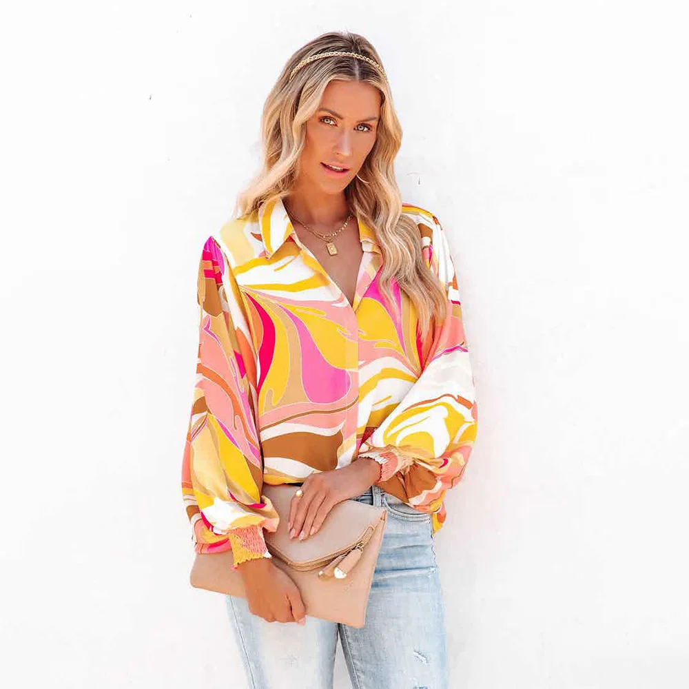 woman's Shirts spring/summer Printing Long Lantern Sleeve single-breasted Leisure woman's Tops Shirt Dropshipping CKXOM10110