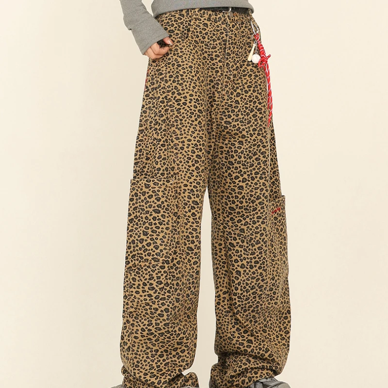 

Retro Leopard Print Jeans Female Embroidered Wide Leg Casual Pants Women's Spring Loose High Street Trousers