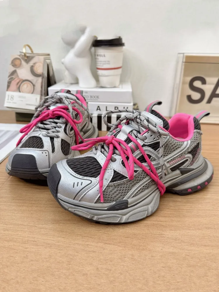 Women Breathable Lace Up Hiking Shoes Lace Up Patchwork Mesh Cushioning Non-Slip Thick Platform Camping Sports Sneakers Outdoor