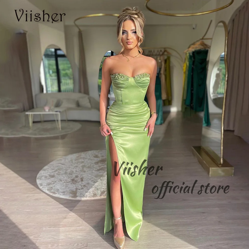 

Viisher Green Mermaid Evening Dresses Beads Sweetheart Pleats Satin Tight Long Prom Party Dress with Slit Floor Length