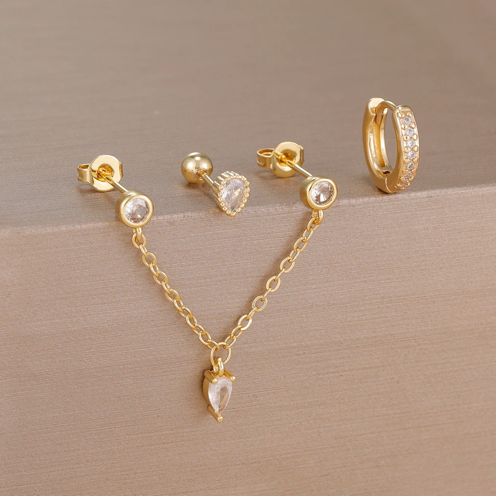 3PCS Wasser Tropfen Zirkon Kette Anhänger Ohrringe Set Für Frauen Ins Minimalismus Gold Überzogene Geometrische Ohr Stud Ohrringe schmuck