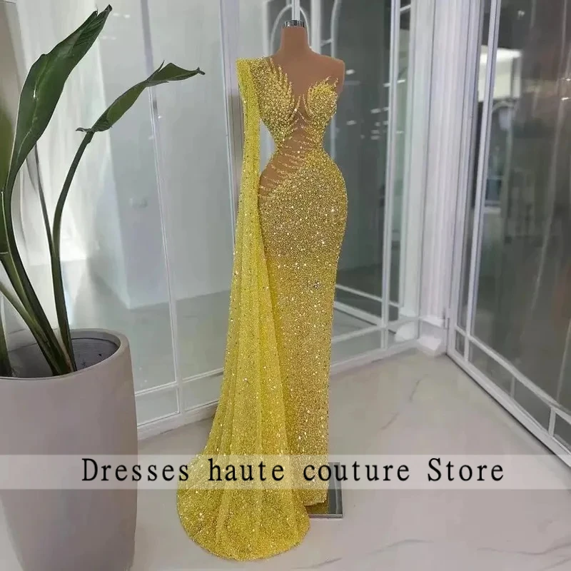 Gorgeous Sequined One Long Sleeve Evening Dresses Luxury O-Neck O-Neck Floor Length Mermaid Special Occasion Women Prom Dress