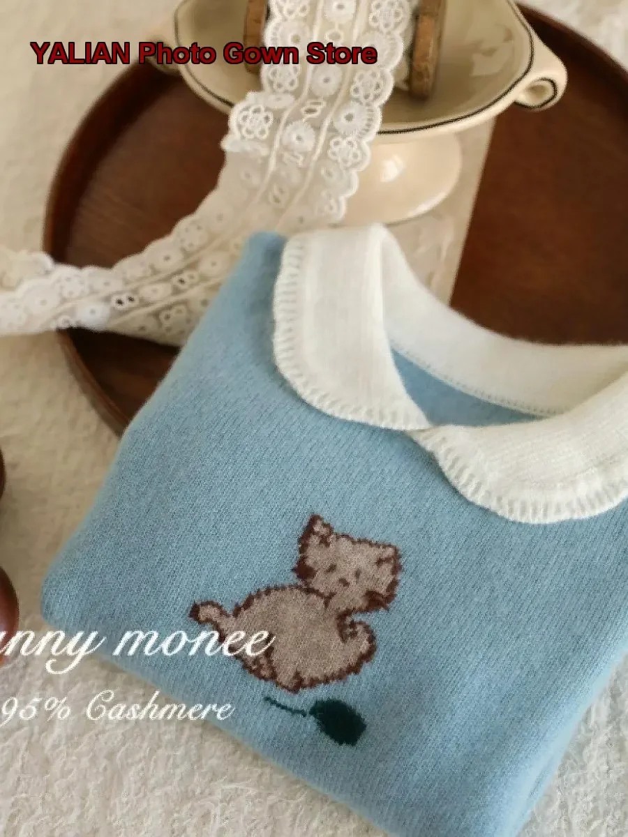 Girls Cardigan Kids Solid Color Cute Cat Hand Embroidered Cashmere Sweater Thickened