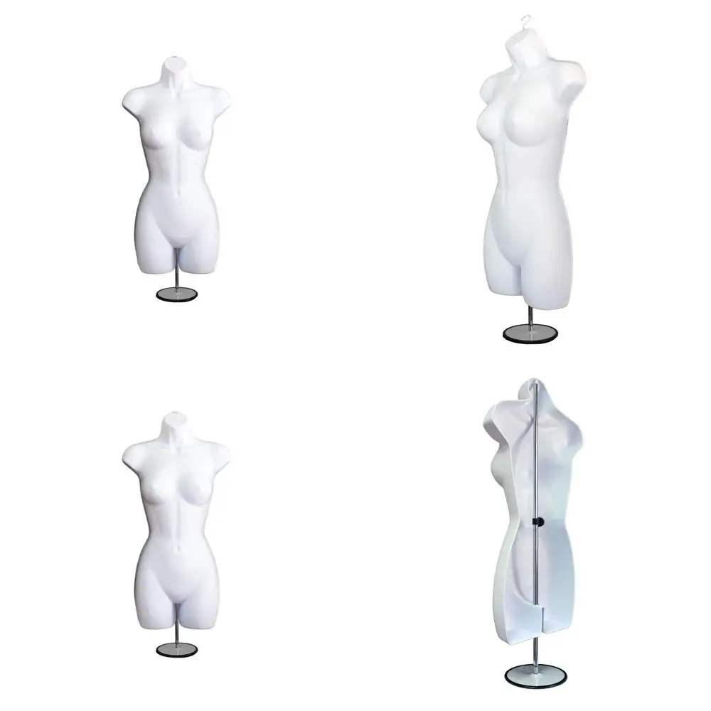 

Белый женский манекен с открытыми спиной, металлической подставкой и крючком для подвешивания, размер S-M