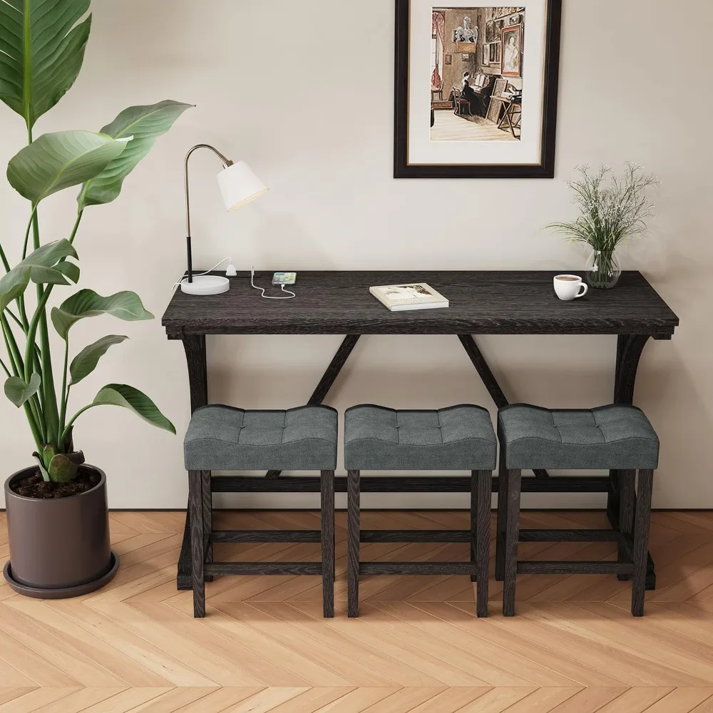 4-Piece Counter Height Bar Table Set with Socket and 3 Fabric Padded Bar Stools, Tall Kitchen Breakfast Dining Table Set with St