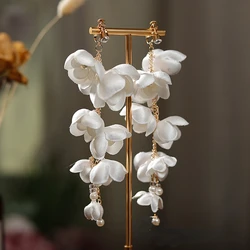 French satin lily of the valley beaded tassel earrings bridal white gauze dress Joker photo earrings