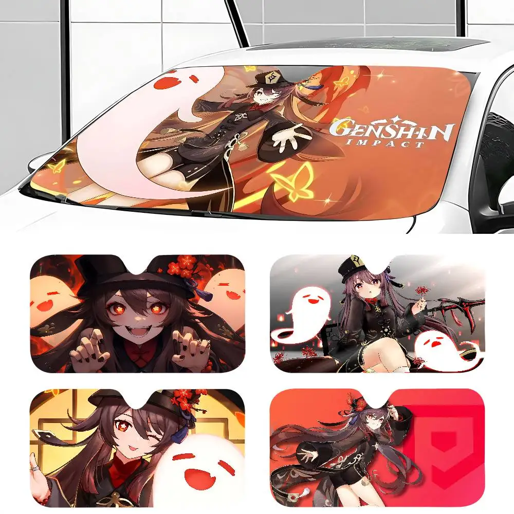 

G-Genshin I-Impact H-Hu T-Tao Front Window Sunshade Black UV Protection Blackout Cloth Windshield Visor Auto Curtain Gifts