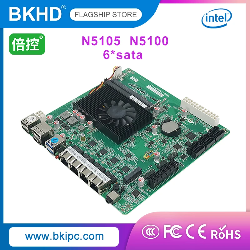 BKHD-Carte mère NAS avec Intel Celeron, N5105, N5100, 6 * SATA 3.0, 2.5G Nics, Mini ITX, 17x17cm, Routage doux, Pare-feu 2 * DDR4