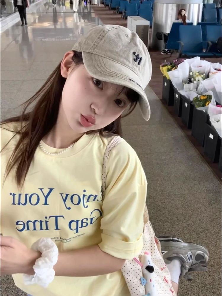 Dopne Yellow Cotton ort Sve T-irt Women's Summer Loose Slimming Versatile Cool Sweet Sle round Ne Top