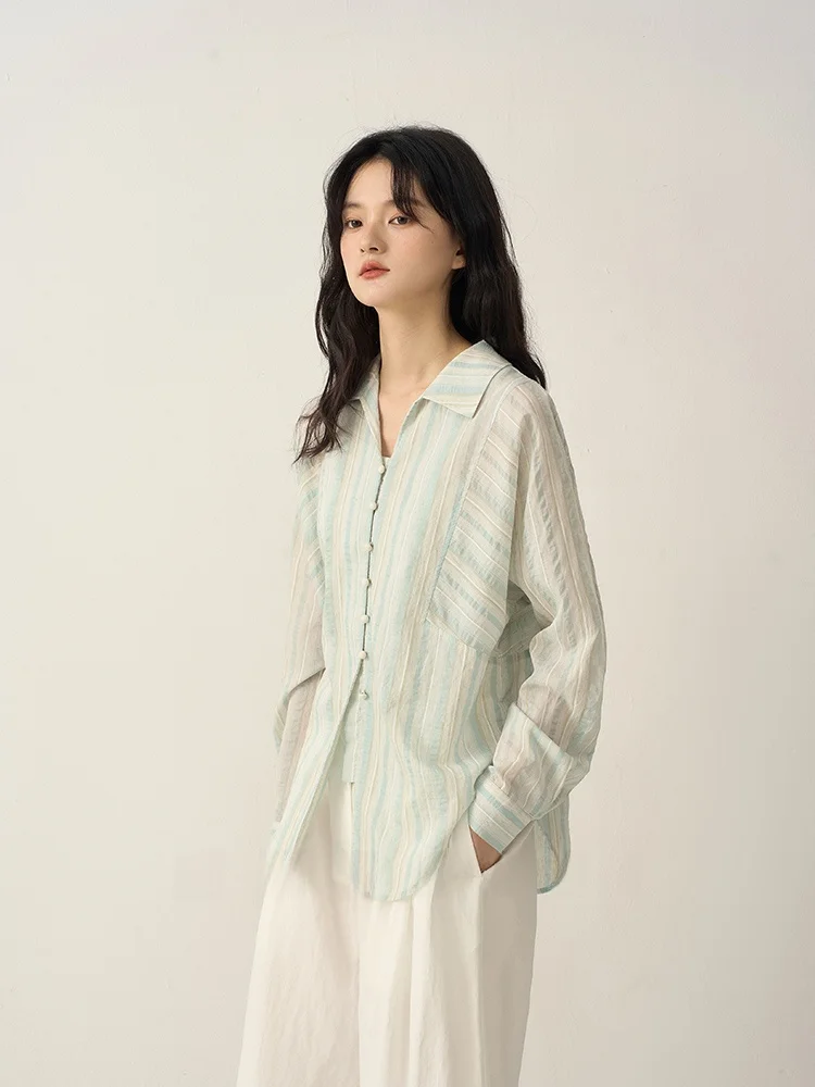 

Spring Casual Style Women's Shirt Linen Lyocell Blend Long Sleeve Breathable Comfortable Striped Pattern Loose Fit