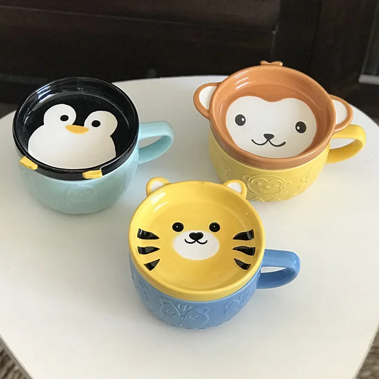 

Japanese cartoon ceramic cup coffee cup cute Penguin Tiger breakfast cup children's water cup with lid mug sublimation tumbler