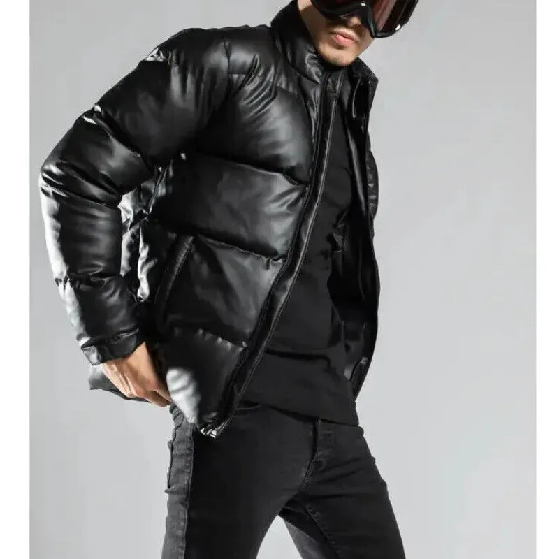 Padded Puffer Jacket Men Genuine Real Lambskin Black Bomber Leather Jacket