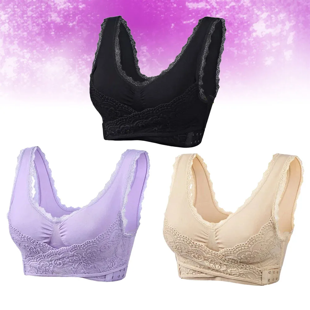 طقم ملابس داخلية نسائي مكون من 3 قطع ناعم ومريح بدون حمالة صدر بحلقة من الفولاذ، نمط رياضي، إغلاق أمامي طوال اليوم، ملابس داخلية نسائية أرجواني وأسود #3