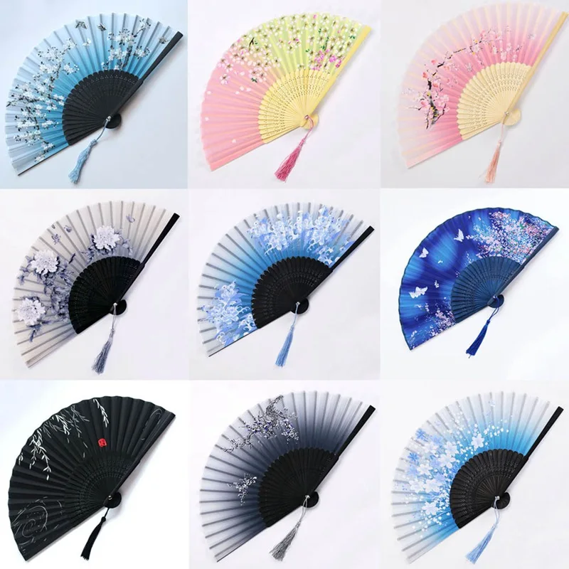 Vintage Chinese Style Dance Wedding Party Lace Silk Folding Hand Held Flower Fan Party Performance Handheld Props Dropshipping