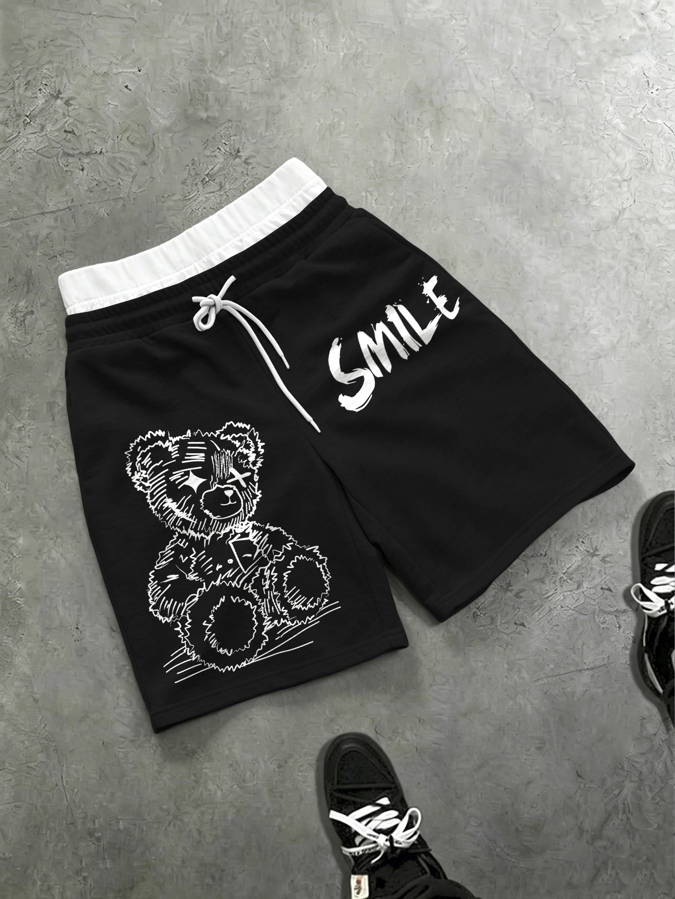 Men's Cute Bear Smile Print Baggy Shorts Polyester S-2XL Contrast White Waist Drawstring Hip Hop Streetwear Casual Summer Shorts