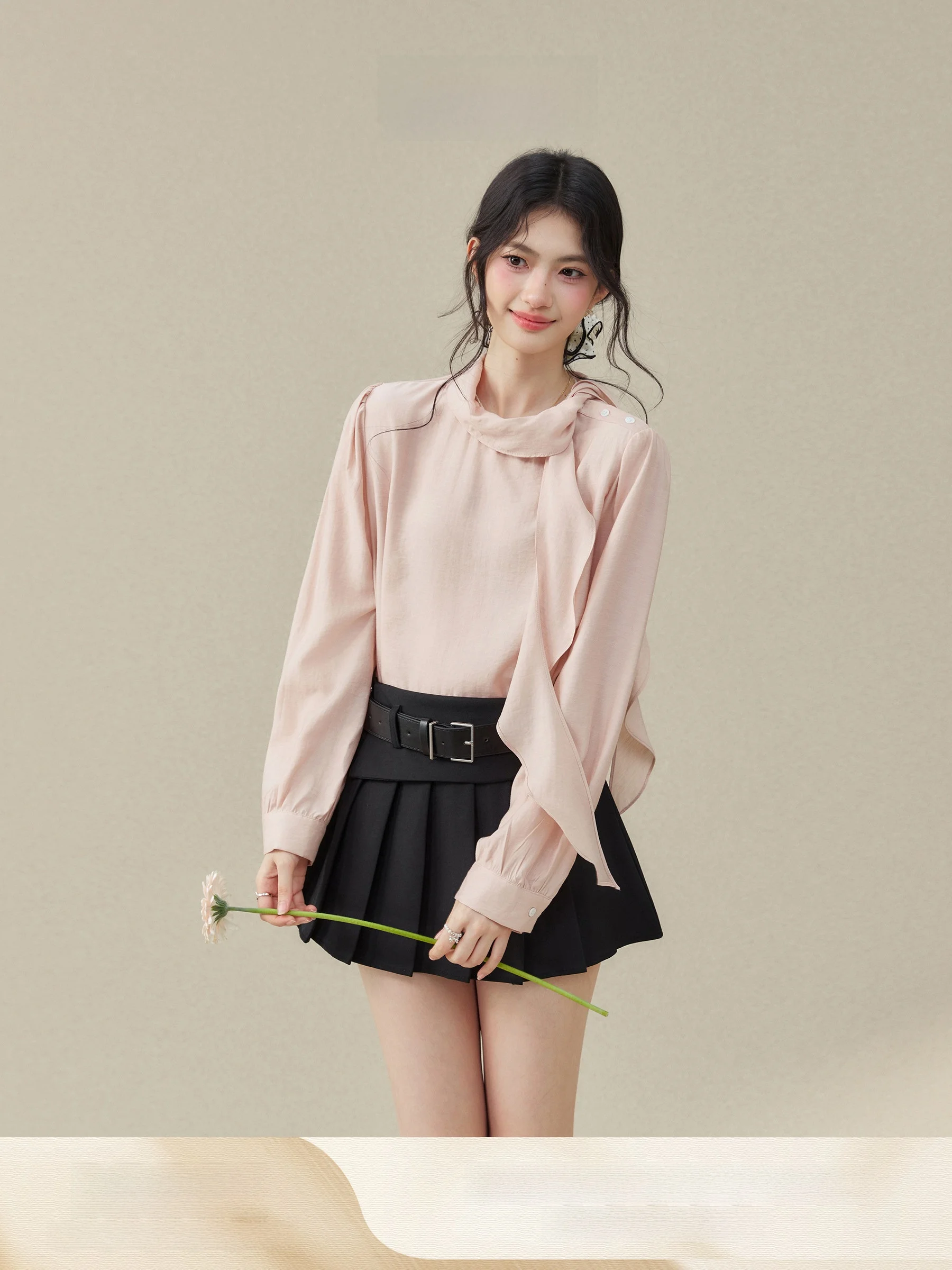 

Романтичная блузка с эффектом стройности, рукавами-фонариками и поясом, женская, весна-осень, модная, элегантная, повседневная