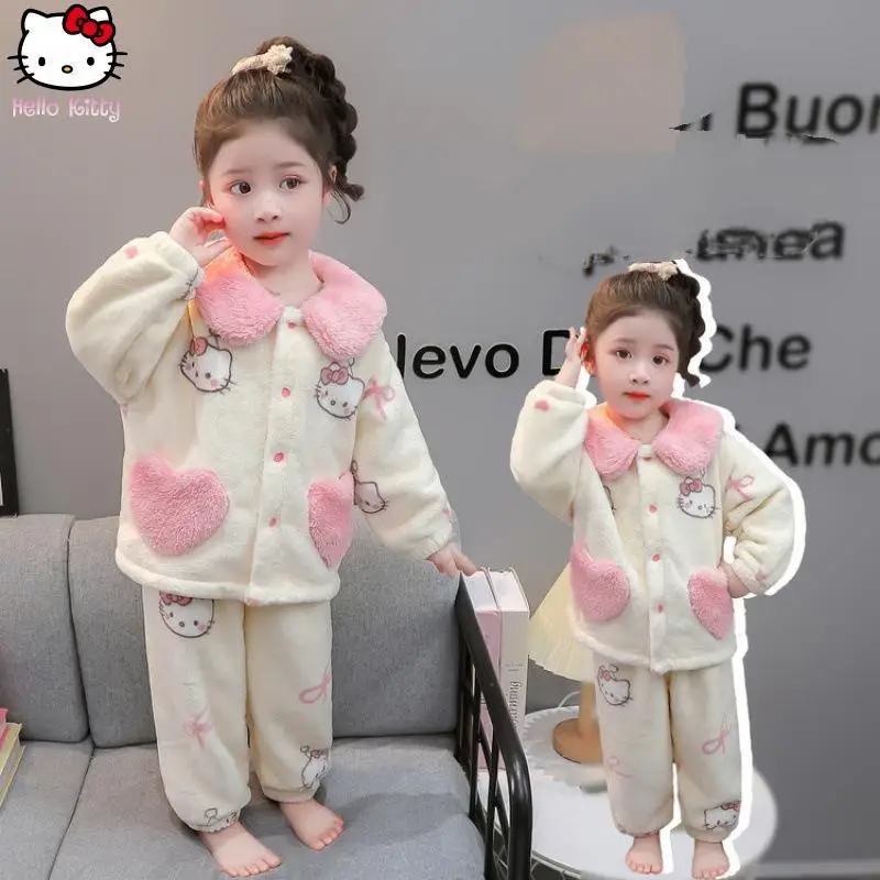 الأطفال مرحبا كيتي الدافئة بيجامة مجموعة الكرتون Kawaii فتاة سانريو الخريف والشتاء جديد أنيمي الأطفال التلبيب سميكة المنزل دعوى