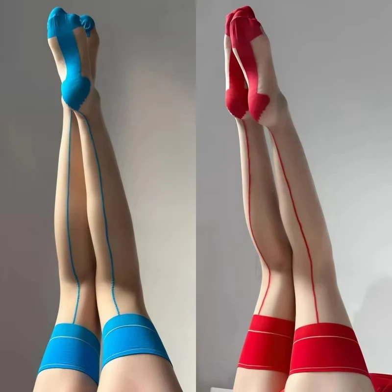 Image of Vintage Cuban Heel Back Seam Overknee-Strümpfe, Ölig Glänzende Ultradünne Transparente Seidenstrümpfe, Sexy Patchwork-Dessous für Damen