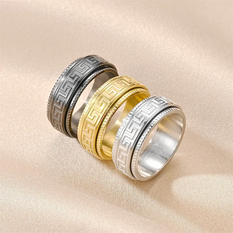 8mm Stainless Steel Ring for Men Women Embossed Great Wall Pattern Stress Relief Anti-Anxiety Rotating Rings Couple Ring Jewelry