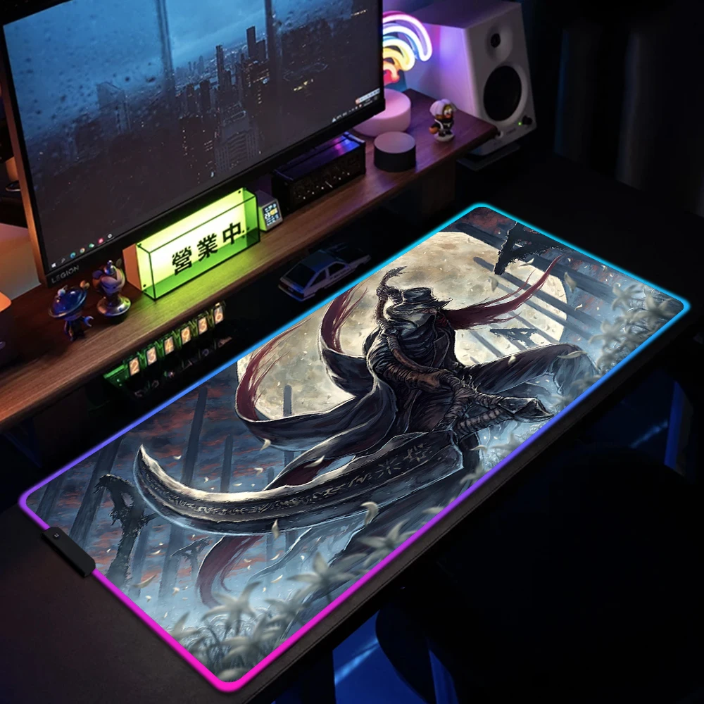 

Game Bloodborne RGB Large Gaming Mouse Mat Keyboard Mat Locking Edge Computer Mouse Pad Gamer Non-Slip Mousepad LED Desk Mat XXL