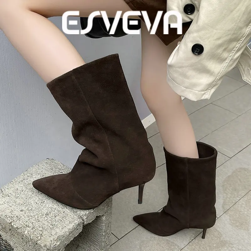 ESVEVA 2027 Botas de Tacón Alto de Moda para Mujer, Botas de Media Pantorrilla de Cuero de Vaca y Gamuza, Zapatos de Invierno para Mujer, Botas Cortas Arrugadas Sexys de Otoño, Tallas 34-39