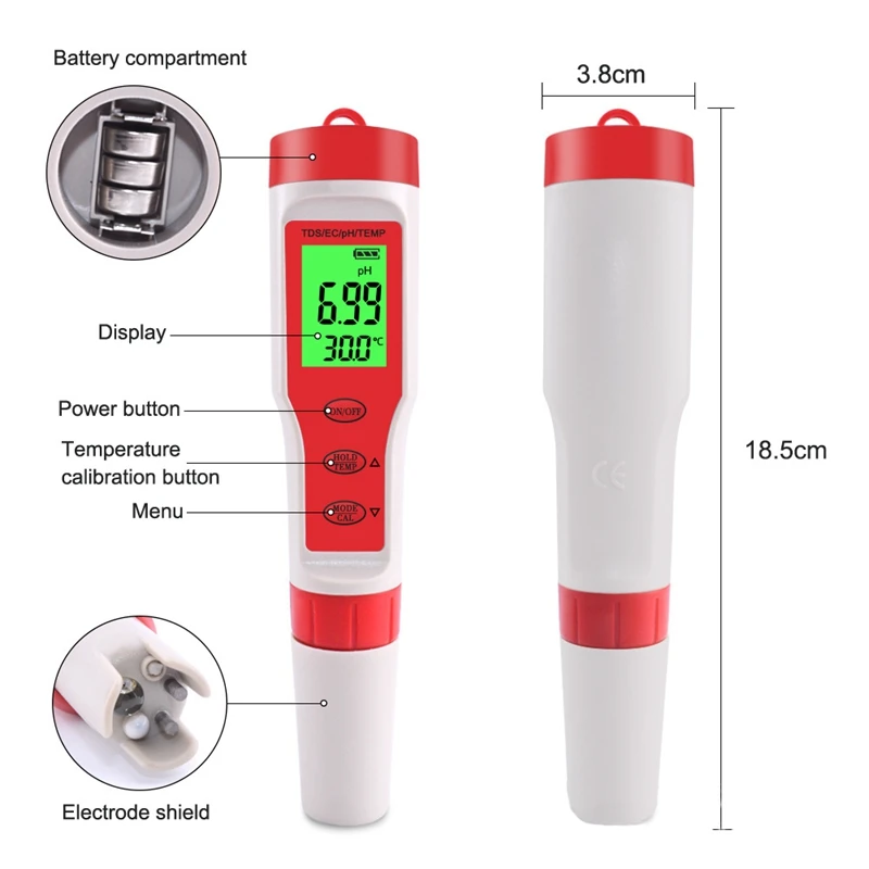 Detector Digital de calidad del agua 4 en 1, pluma probadora multifunción PH/TDS/EC/TEMP