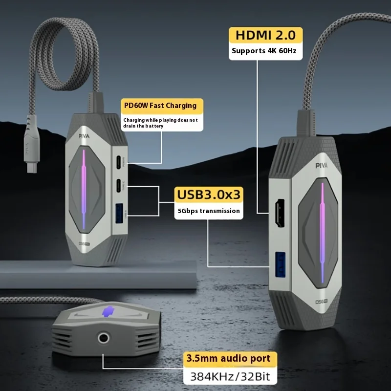 PIVA DS6 PRO 6 في 1 4K60 هرتز محطة إرساء 3.5 مللي متر سماعات نوع C إلى USB HUB HDMI الإسقاط PD60W محول تدفق الألعاب