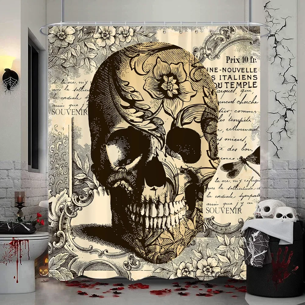 Black Skull Skeleton Print Shower Curtain Set 3D Funny Waterproof Horrible Halloween Festival Bathroom Decor Carpet Toilet Cover