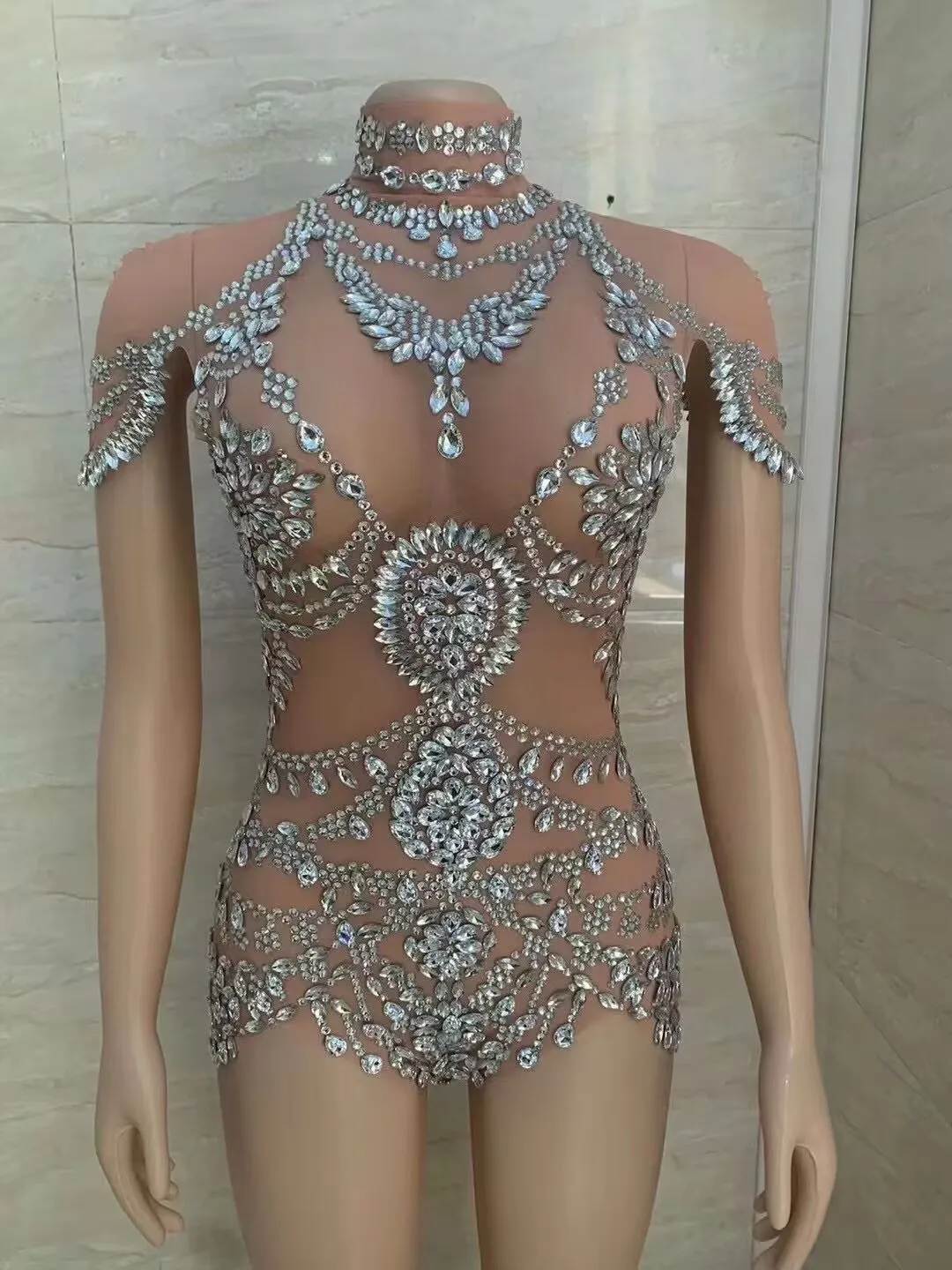 

Diamonds Bodysuit Women Sexy Mesh Transparent Dance Outfit Performance Costume Singer Party Club Show Stage Wear Wuniang