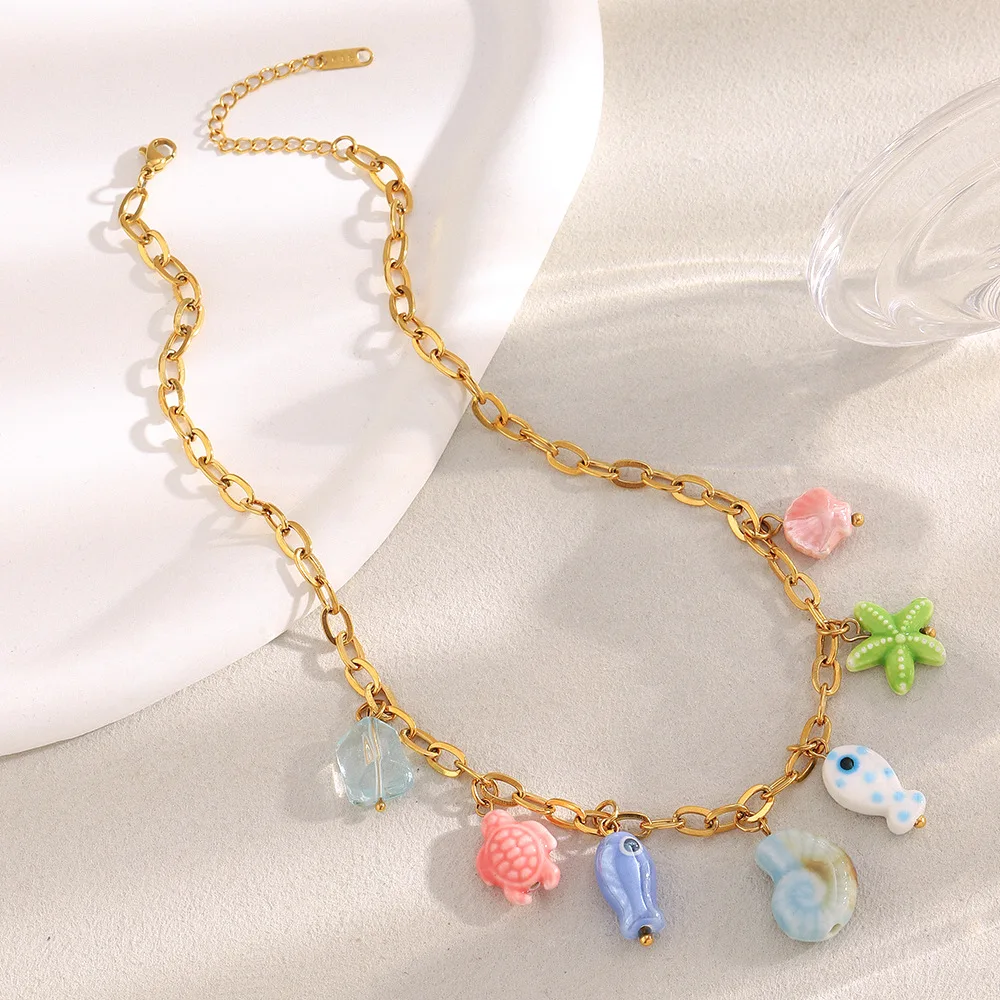 الموضة الملونة الأسماك نجم البحر السلاحف البحرية محارة السيراميك قلادة قلادة الفولاذ المقاوم للصدأ قابل للتعديل مقاوم للماء مجوهرات نسائية