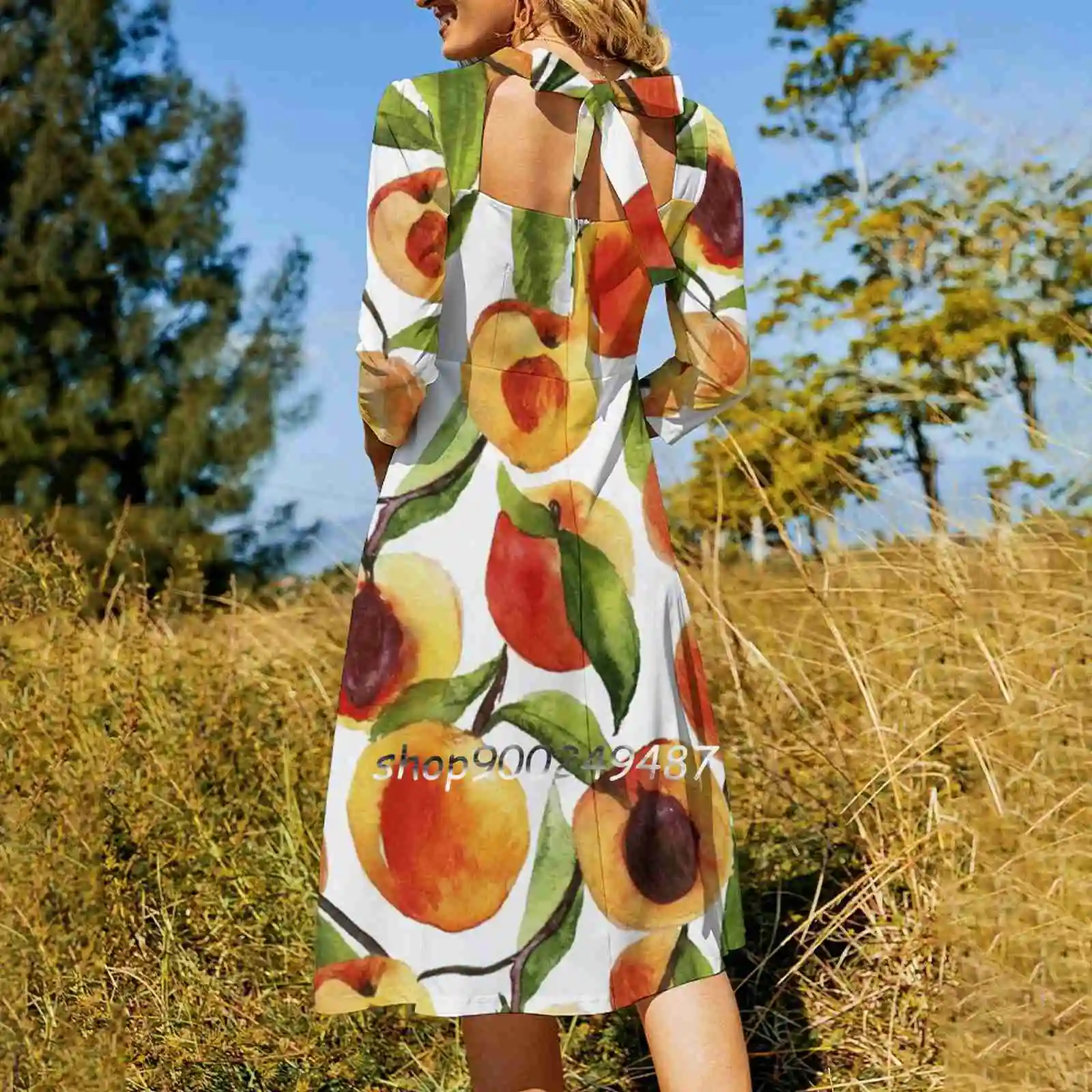 Passionate For Peaches Flare Dress Square Neck Dress Elegant Female Fashion Printed Dress Peach Peaches And Cream Orange Unique