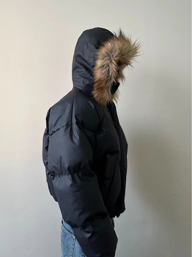Vintage Winter Fur Trim Hood Puffer Bomber Jacket High Stand Collar Quilted Cropped Loose Windproof Street Outerwear