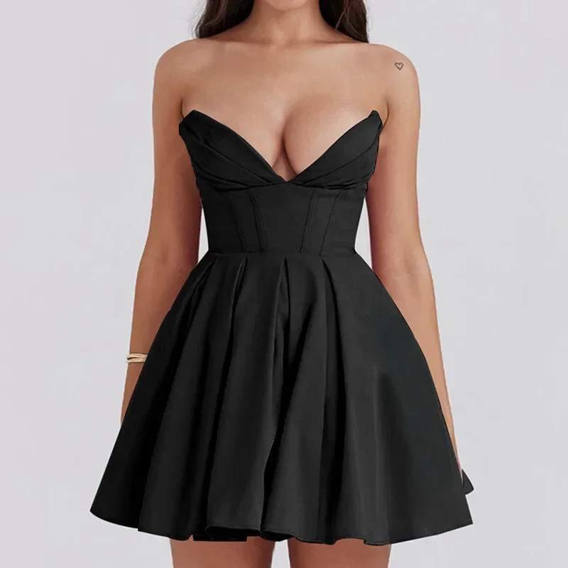 

Sexy Elegant Women Pink Corset Strapless Evening Prom Dress Deep V Pleated Hem Summer Party Mini Dresses Birthday Robe