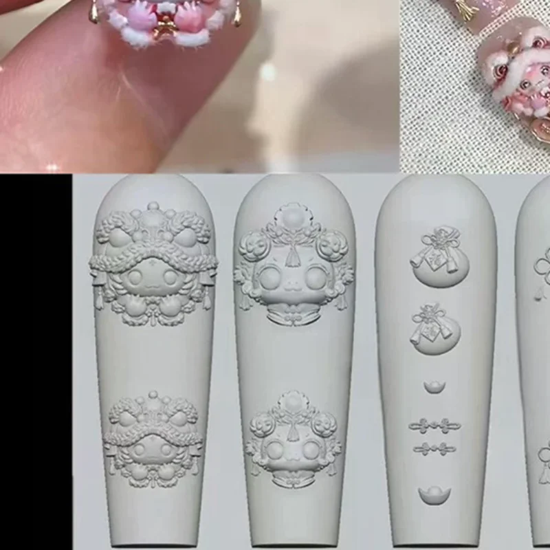 

Chinese New Year Lovely Awakened Lion 3D Silicone Nail Accessories Carving Mold Cute Bear Mold Manicure Decorations DIY Template