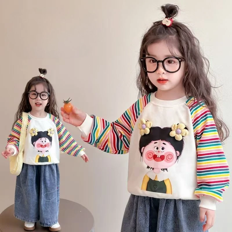 T-Shirts 2025 Kids' Cartoon Stripe Hoodie Korean Style Soft Pullover Machine Washable Colorful Sweatshirt