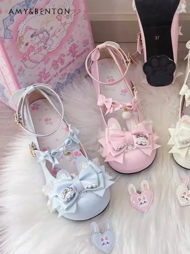 

Милые туфли Мэри Джейн в стиле Лолита с круглым носком и бантом, японский студенческий стиль, кавайные туфли на высоком каблуке, милые туфли JK