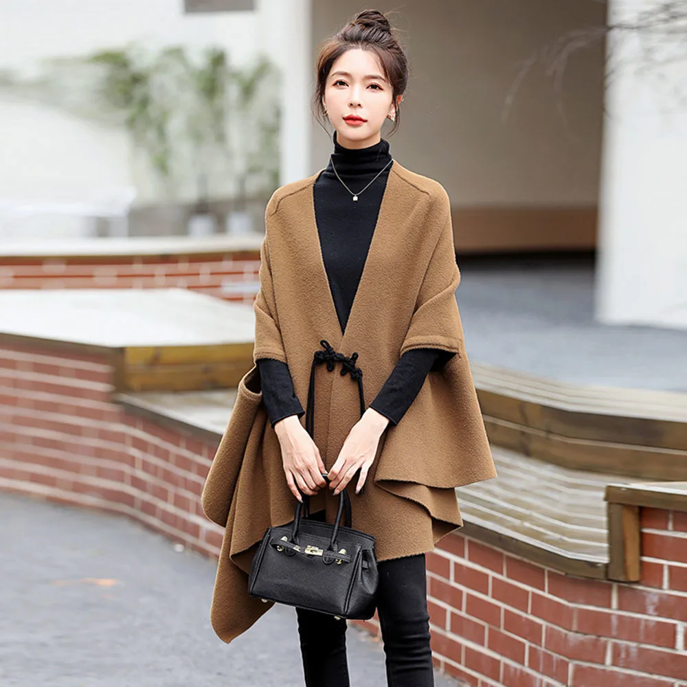 

Quality Winter Woman Shawls Poncho And Cape Oversized Womens Two-sided Wool Ponchos Batwing Sleeve Cashmere Wraps Cardigan Cloak