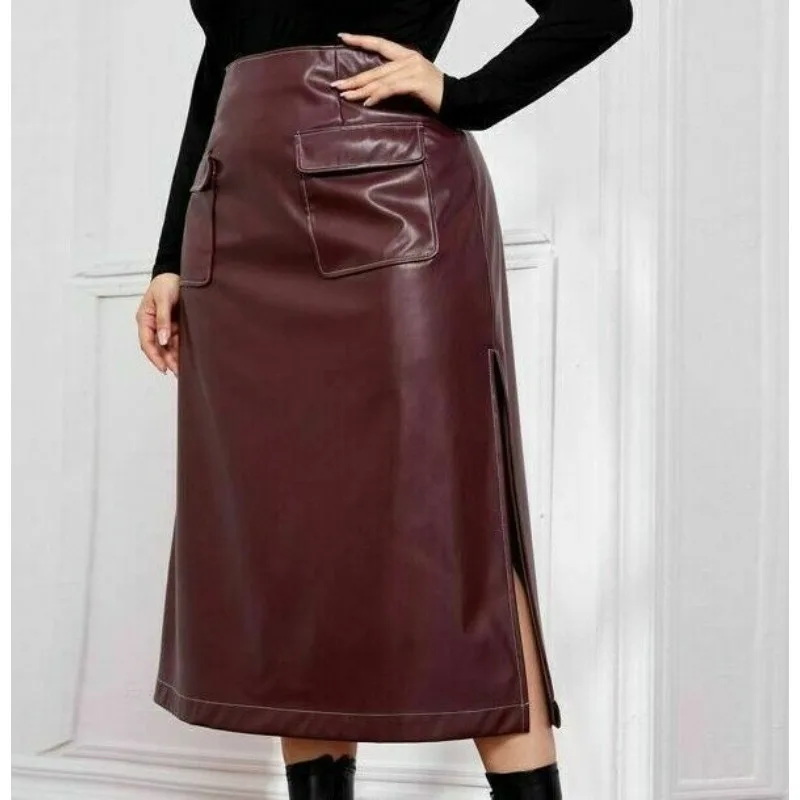 

Women's Real Classy Genuine Lambskin Leather Skirt Pockets Slit Below Knee Skirt